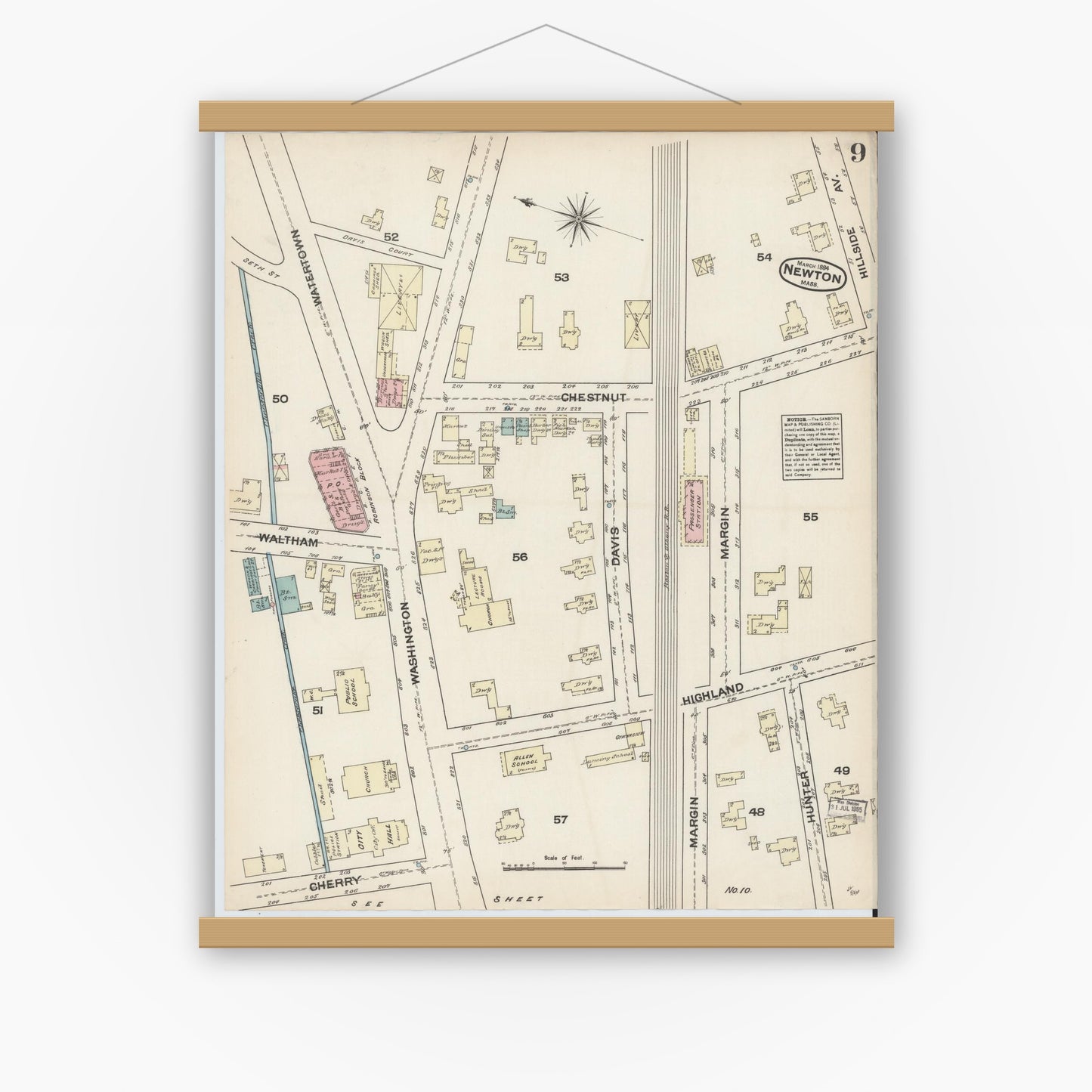 Old map wall art mockup — magnetic wood frame on white wall — Sanborn Fire Insurance Map from Newton, Middlesex County, Massachusetts (1884), Sheet #0009