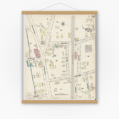 Old map wall art mockup — magnetic wood frame on white wall — Sanborn Fire Insurance Map from Newton, Middlesex County, Massachusetts (1884), Sheet #0009