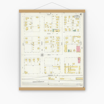 Old map wall art mockup — magnetic wood frame on white wall — Sanborn Fire Insurance Map from Taylor, Williamson County, Texas (1898), Sheet #0004