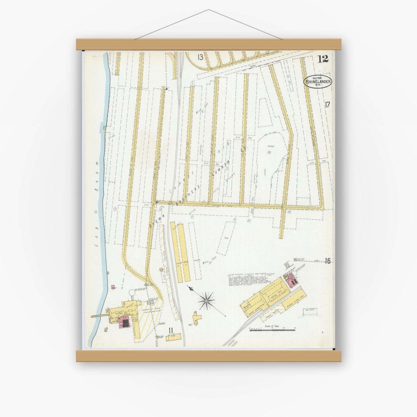 Old map wall art mockup — magnetic wood frame on white wall — Sanborn Fire Insurance Map from Rhinelander, Oneida County, Wisconsin (1900), Sheet #0012