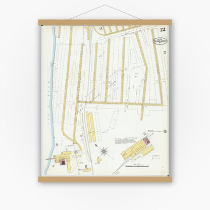 Old map wall art mockup — magnetic wood frame on white wall — Sanborn Fire Insurance Map from Rhinelander, Oneida County, Wisconsin (1900), Sheet #0012