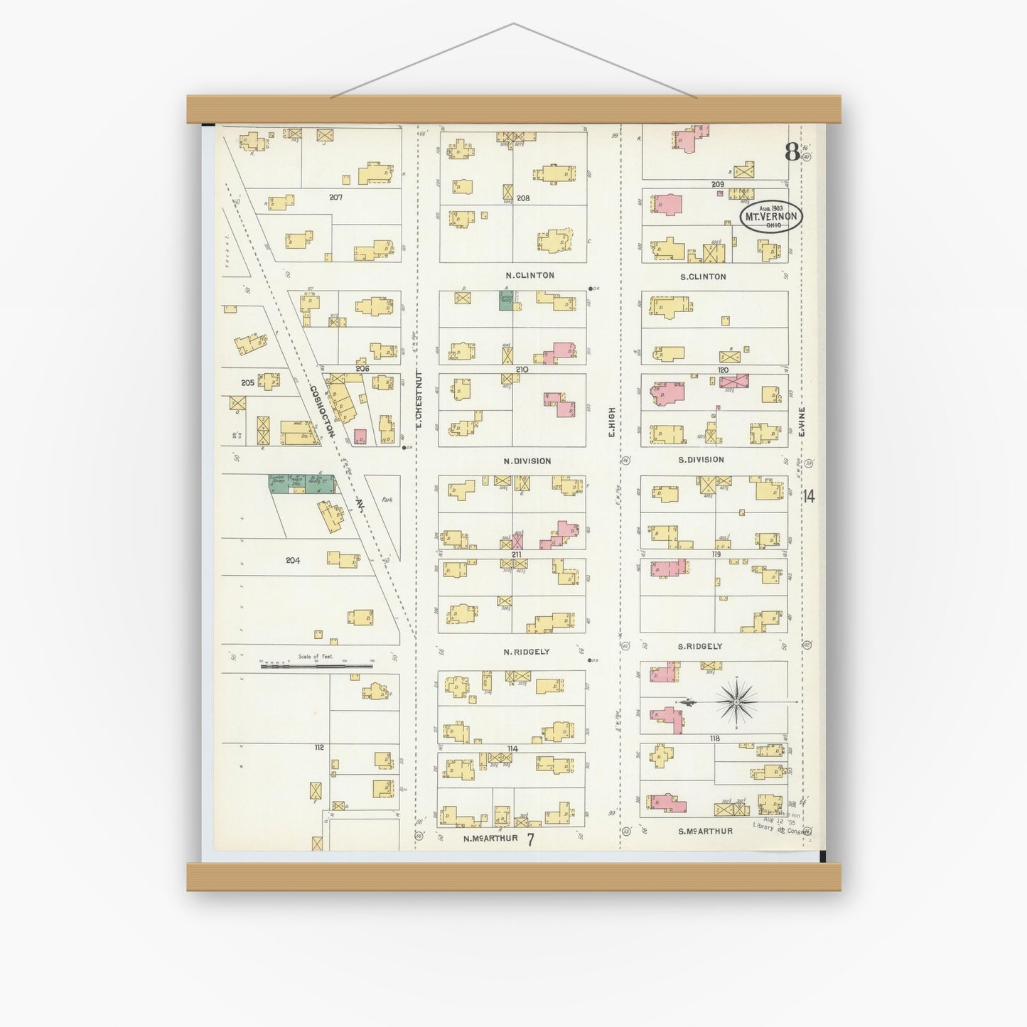Old map wall art mockup — magnetic wood frame on white wall — Sanborn Fire Insurance Map from Mount Vernon, Knox County, Ohio (1903), Sheet #0008
