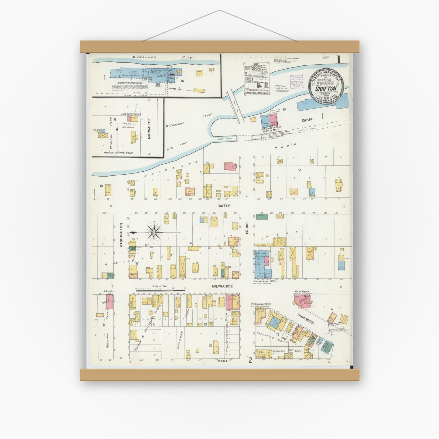 Old map wall art mockup — magnetic wood frame on white wall — Sanborn Fire Insurance Map from Grafton, Ozankee County, Wisconsin (1904) - Complete Map Set