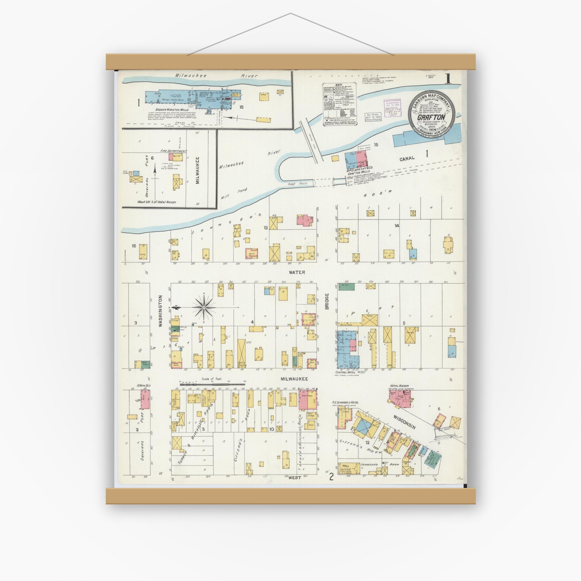 Old map wall art mockup — magnetic wood frame on white wall — Sanborn Fire Insurance Map from Grafton, Ozankee County, Wisconsin (1904) - Complete Map Set