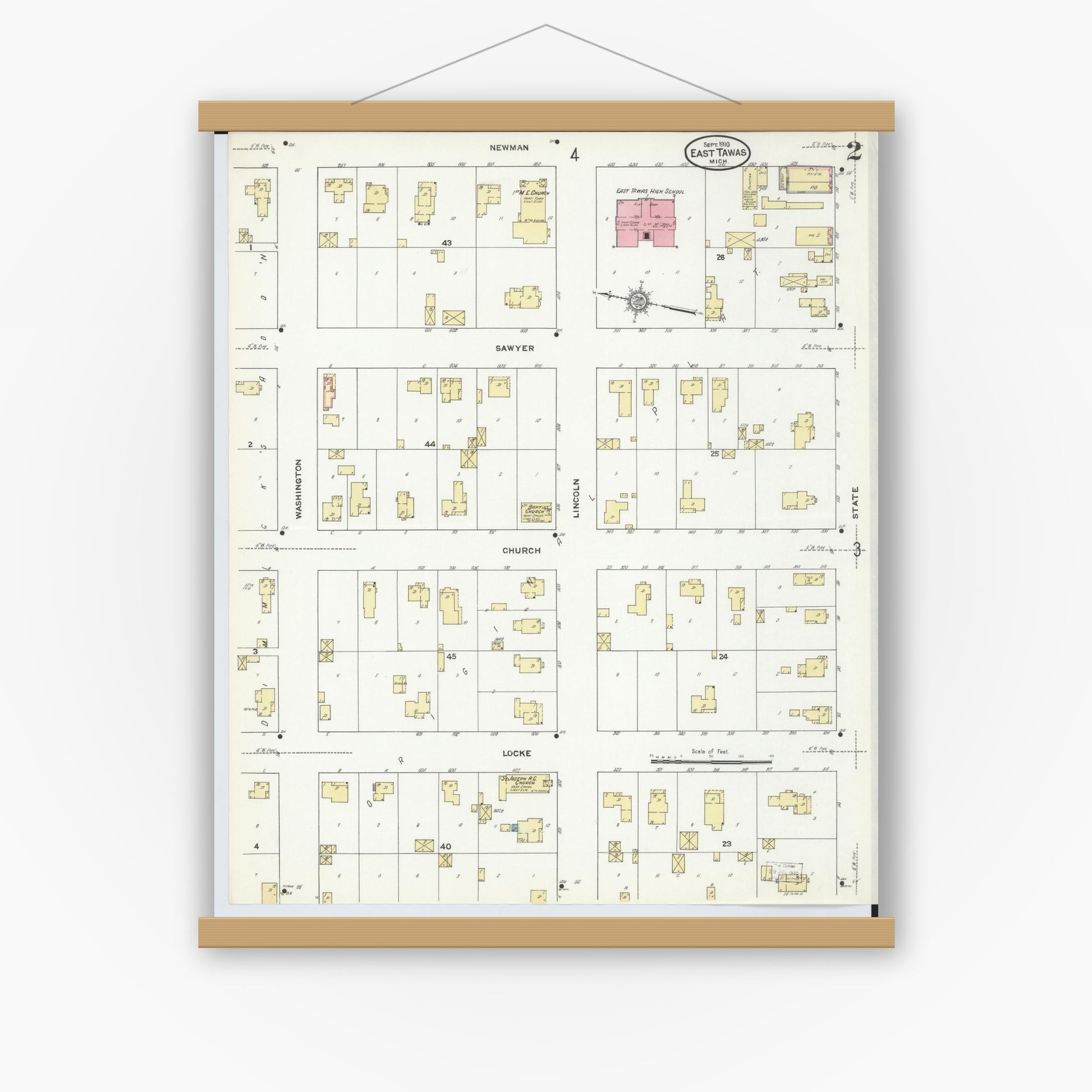 Old map wall art mockup — magnetic wood frame on white wall — Sanborn Fire Insurance Map from East Tawas, Iosco County, Michigan (1910), Sheet #0002