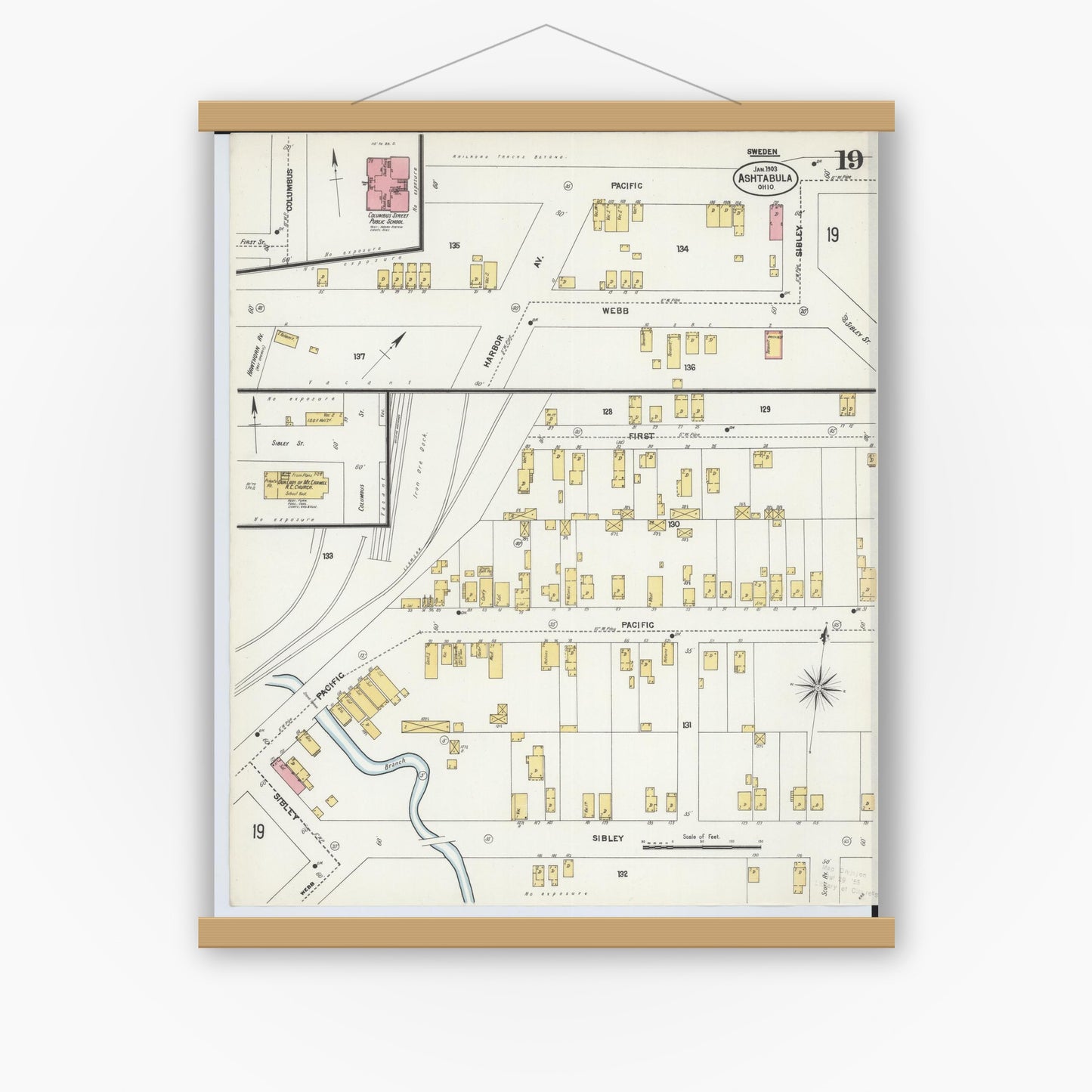 Old map wall art mockup — magnetic wood frame on white wall — Sanborn Fire Insurance Map from Ashtabula, Ashtabula County, Ohio (1903), Sheet #0019