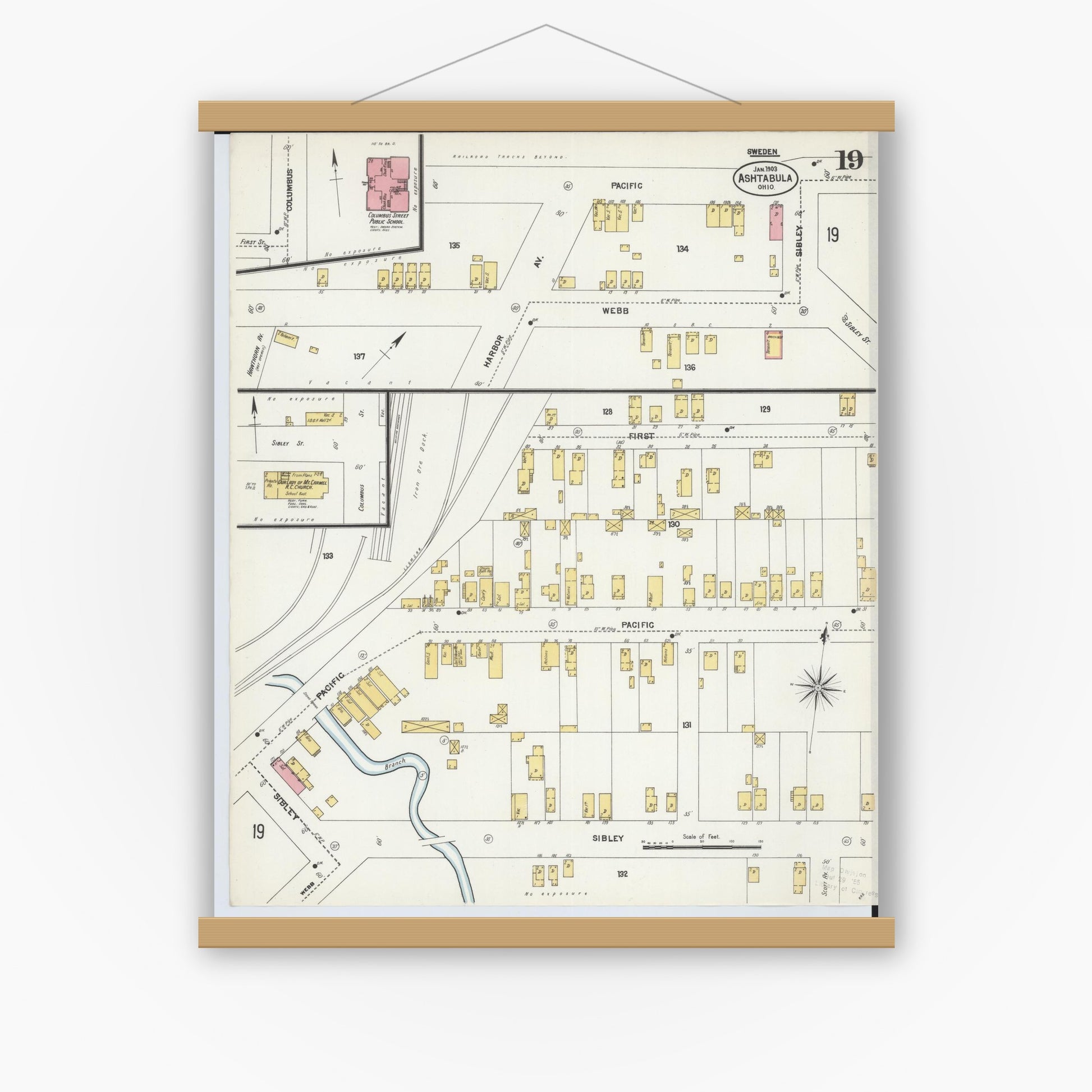 Old map wall art mockup — magnetic wood frame on white wall — Sanborn Fire Insurance Map from Ashtabula, Ashtabula County, Ohio (1903), Sheet #0019