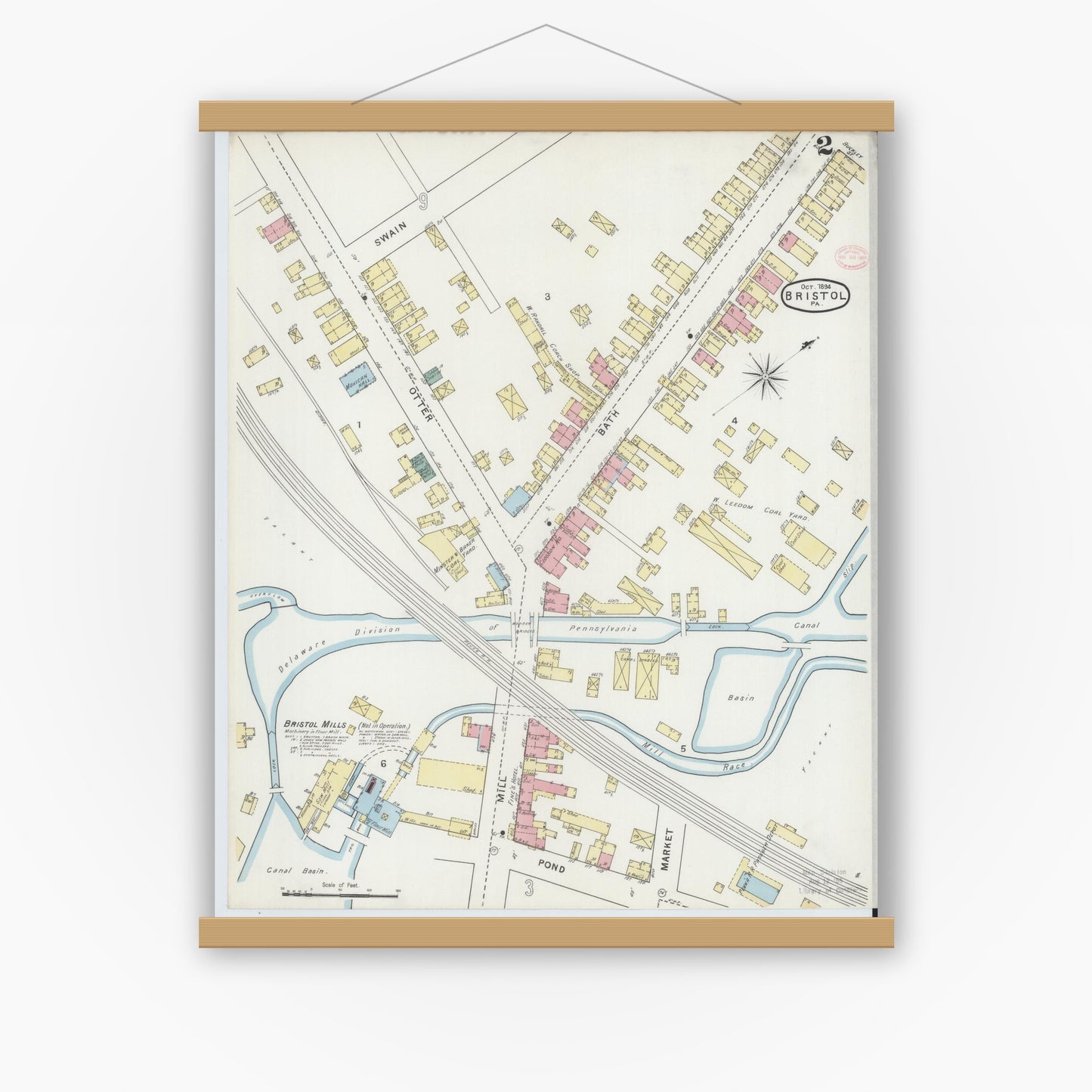 Old map wall art mockup — magnetic wood frame on white wall — Sanborn Fire Insurance Map from Bristol, Bucks County, Pennsylvania (1894), Sheet #0002