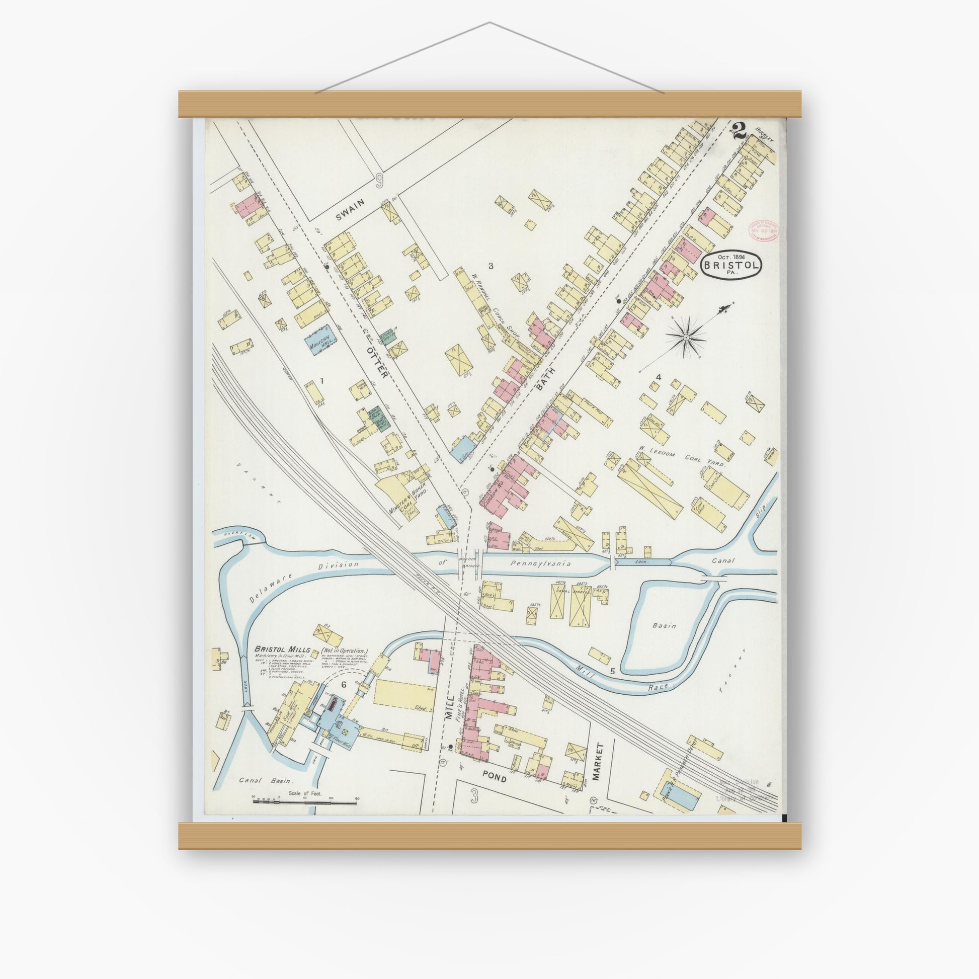Old map wall art mockup — magnetic wood frame on white wall — Sanborn Fire Insurance Map from Bristol, Bucks County, Pennsylvania (1894), Sheet #0002