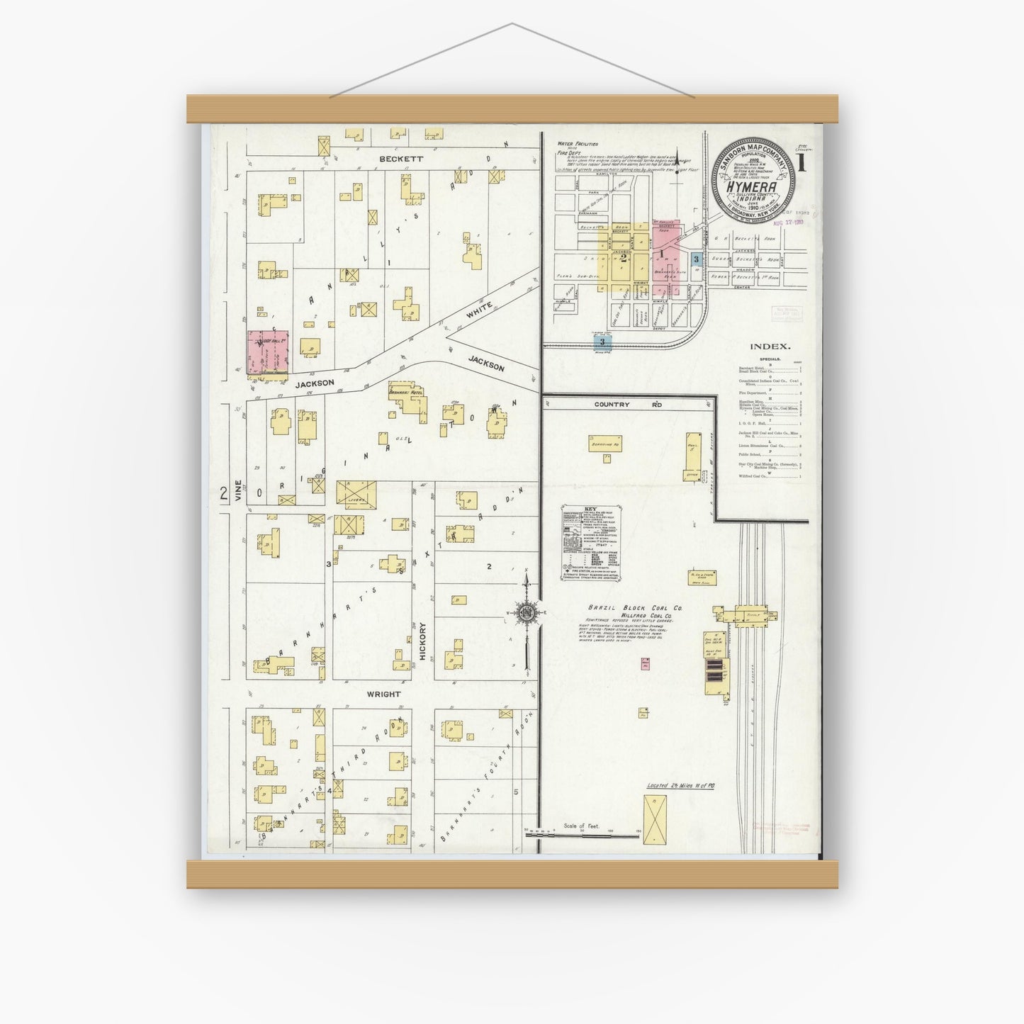Old map wall art mockup — magnetic wood frame on white wall — Sanborn Fire Insurance Map from Hymera, Sullivan County, Indiana (1910) - Complete Map Set