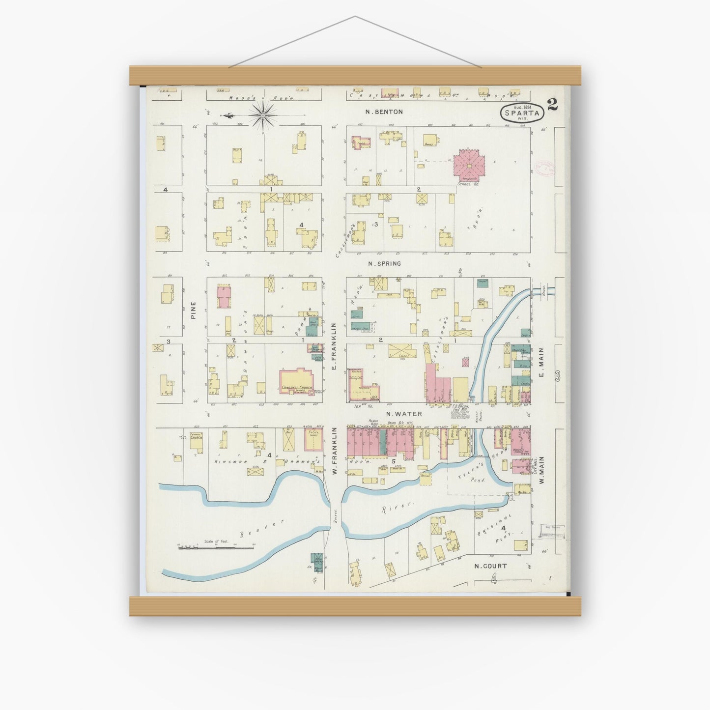 Old map wall art mockup — magnetic wood frame on white wall — Sanborn Fire Insurance Map from Sparta, Monroe County, Wisconsin (1894), Sheet #0002