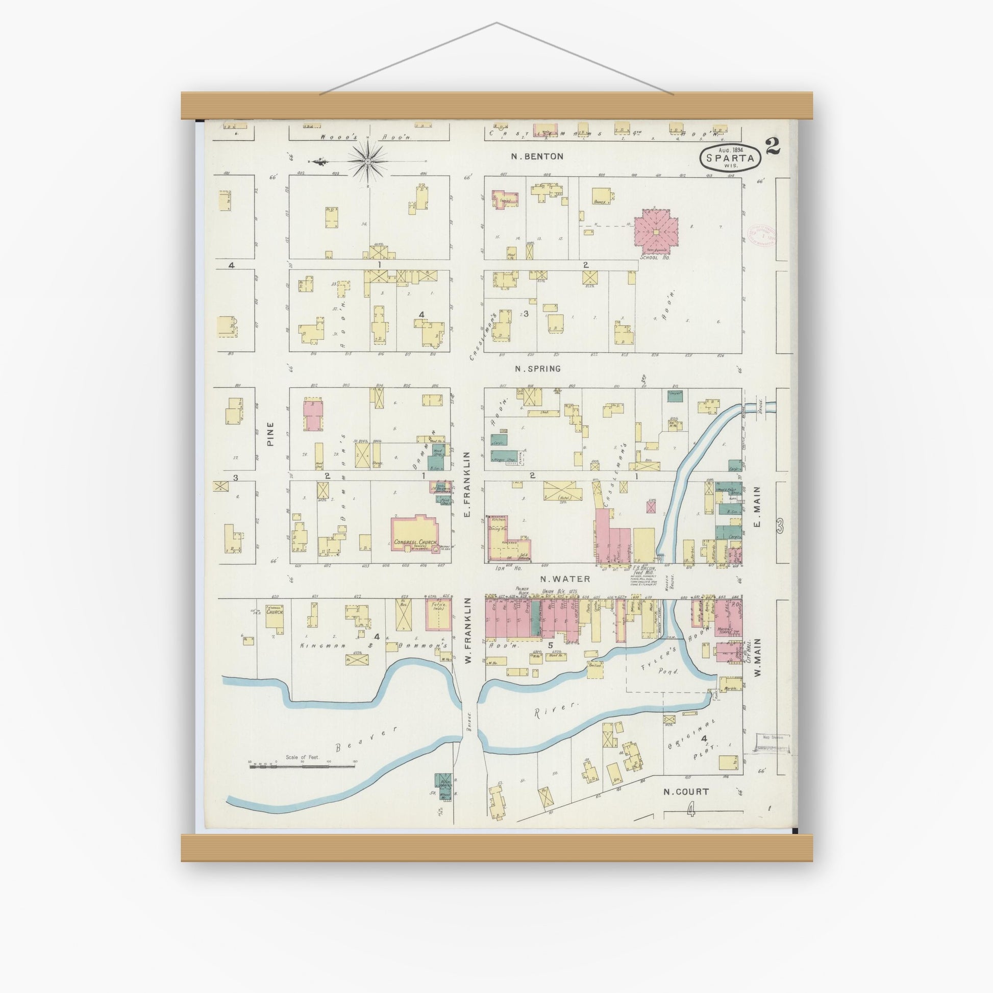 Old map wall art mockup — magnetic wood frame on white wall — Sanborn Fire Insurance Map from Sparta, Monroe County, Wisconsin (1894), Sheet #0002