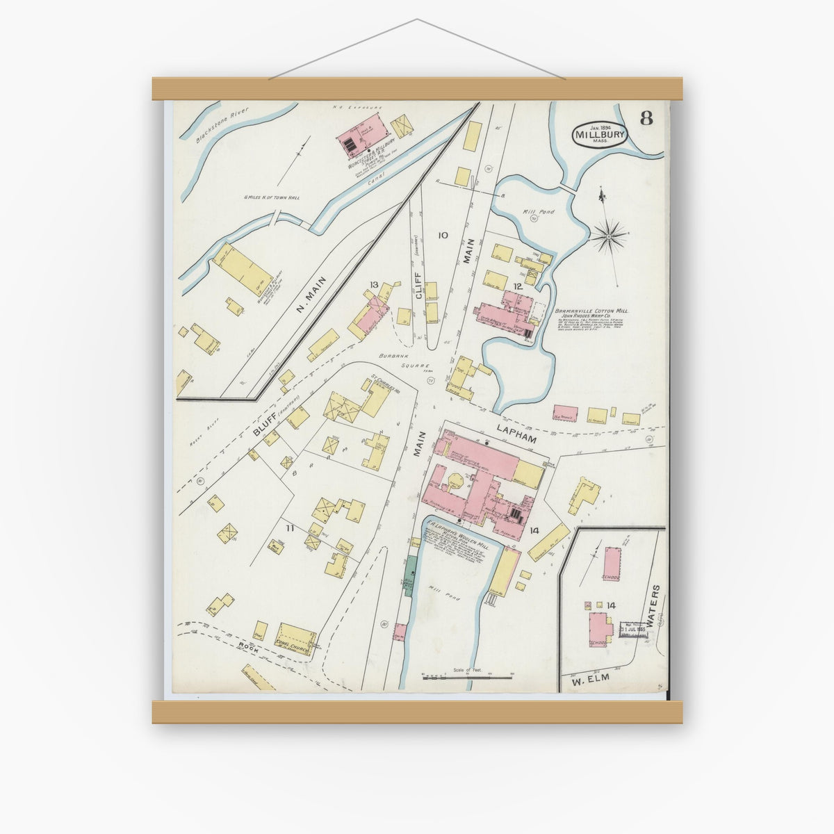 Old map wall art mockup — magnetic wood frame on white wall — Sanborn Fire Insurance Map from Millbury, Worcester County, Massachusetts (1894), Sheet #0008