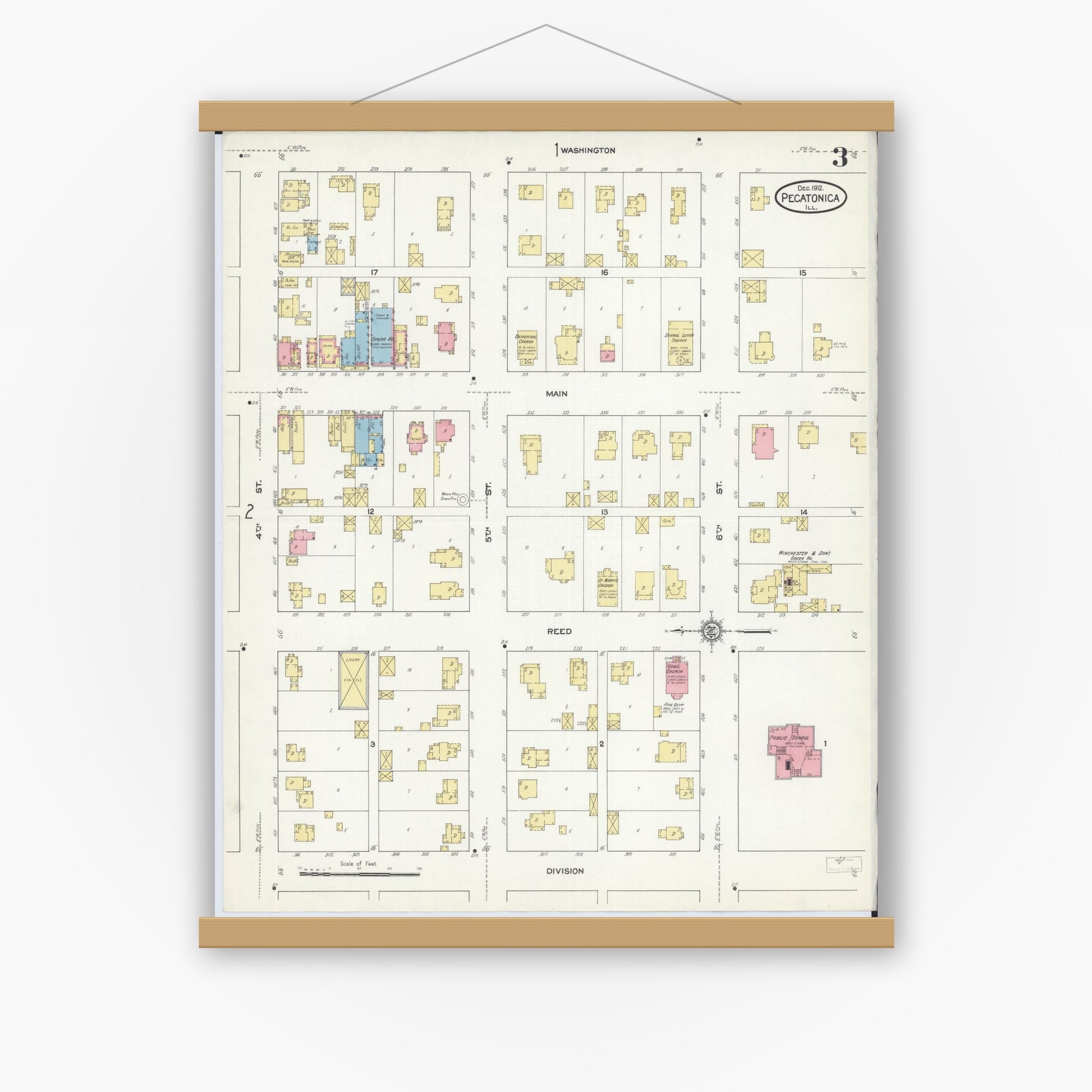 Old map wall art mockup — magnetic wood frame on white wall — Sanborn Fire Insurance Map from Pecatonica, Winnebago County, Illinois (1912), Sheet #0003