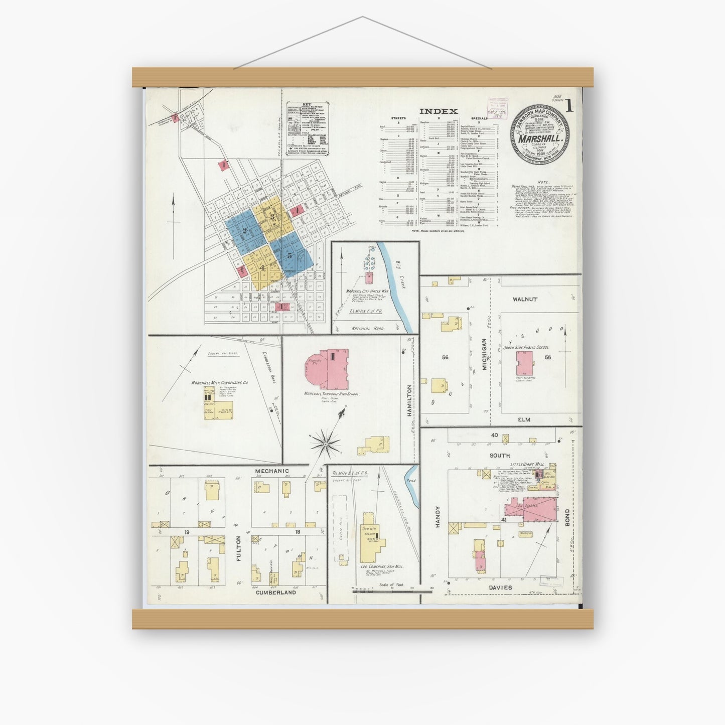 Old map wall art mockup — magnetic wood frame on white wall — Sanborn Fire Insurance Map from Marshall, Clark County, Illinois (1906) - Complete Map Set