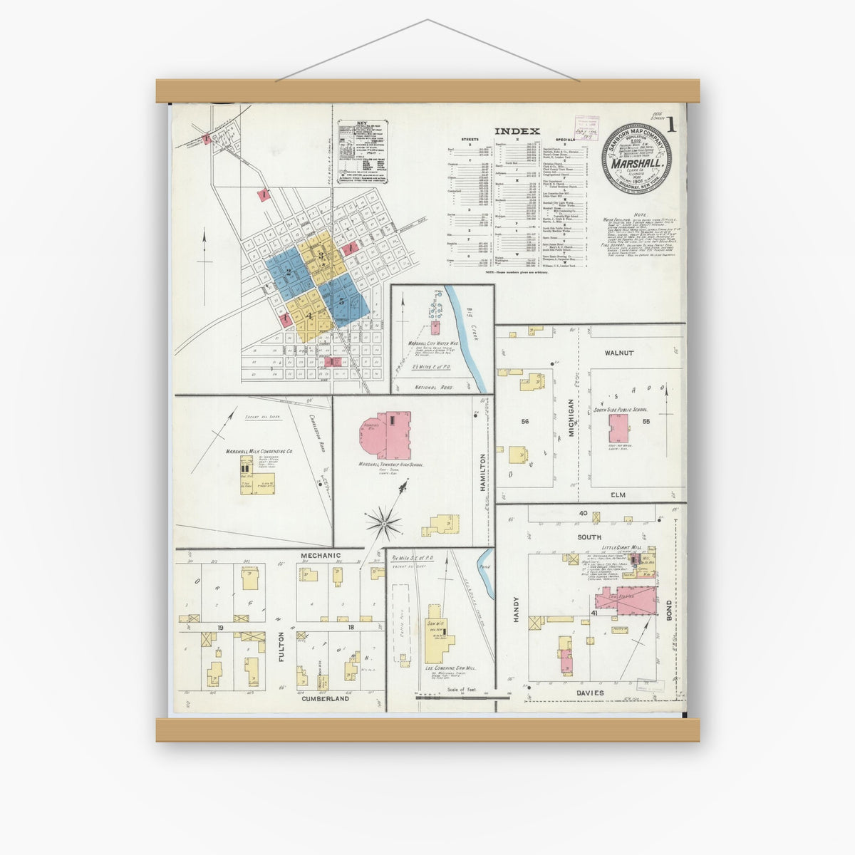 Old map wall art mockup — magnetic wood frame on white wall — Sanborn Fire Insurance Map from Marshall, Clark County, Illinois (1906) - Complete Map Set