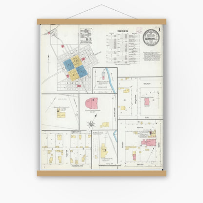 Old map wall art mockup — magnetic wood frame on white wall — Sanborn Fire Insurance Map from Marshall, Clark County, Illinois (1906) - Complete Map Set
