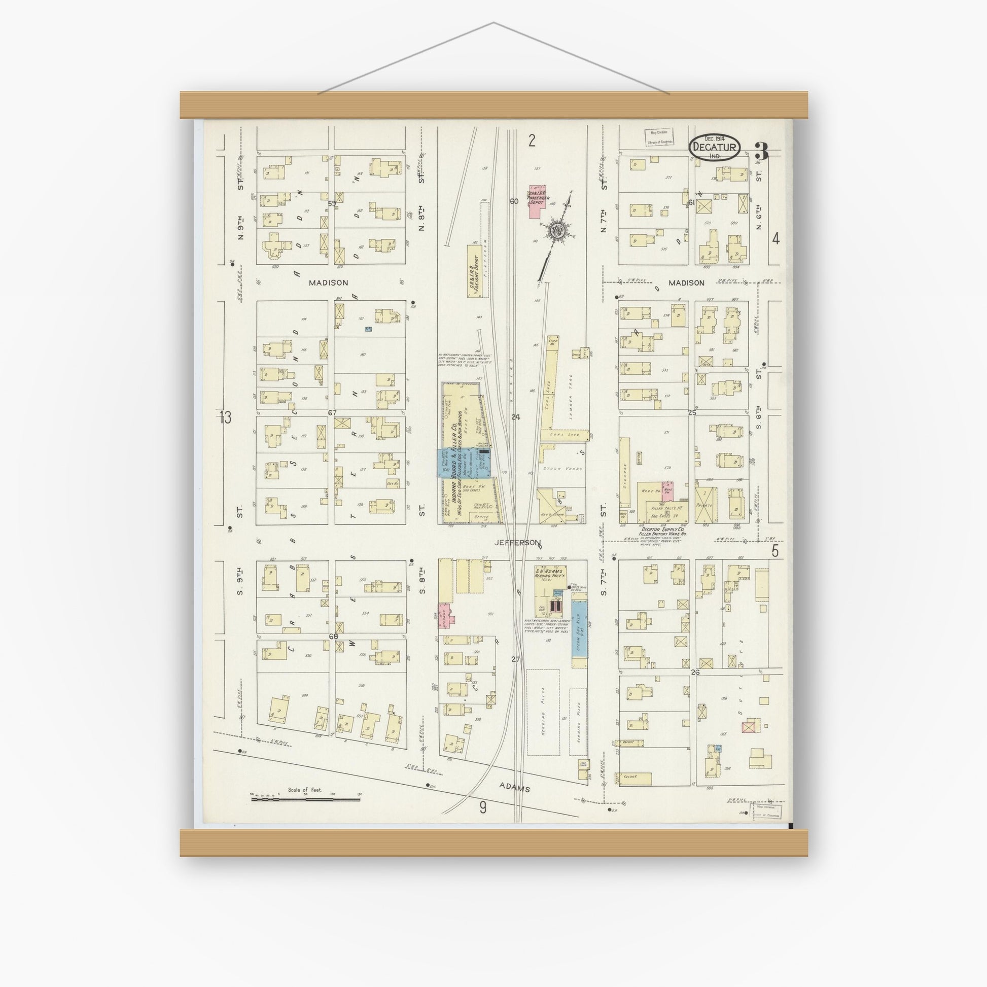 Old map wall art mockup — magnetic wood frame on white wall — Sanborn Fire Insurance Map from Decatur, Adams County, Indiana (1914), Sheet #0003