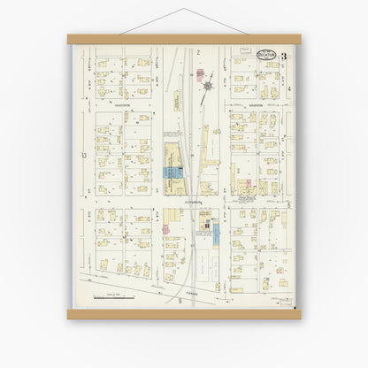 Old map wall art mockup — magnetic wood frame on white wall — Sanborn Fire Insurance Map from Decatur, Adams County, Indiana (1914), Sheet #0003