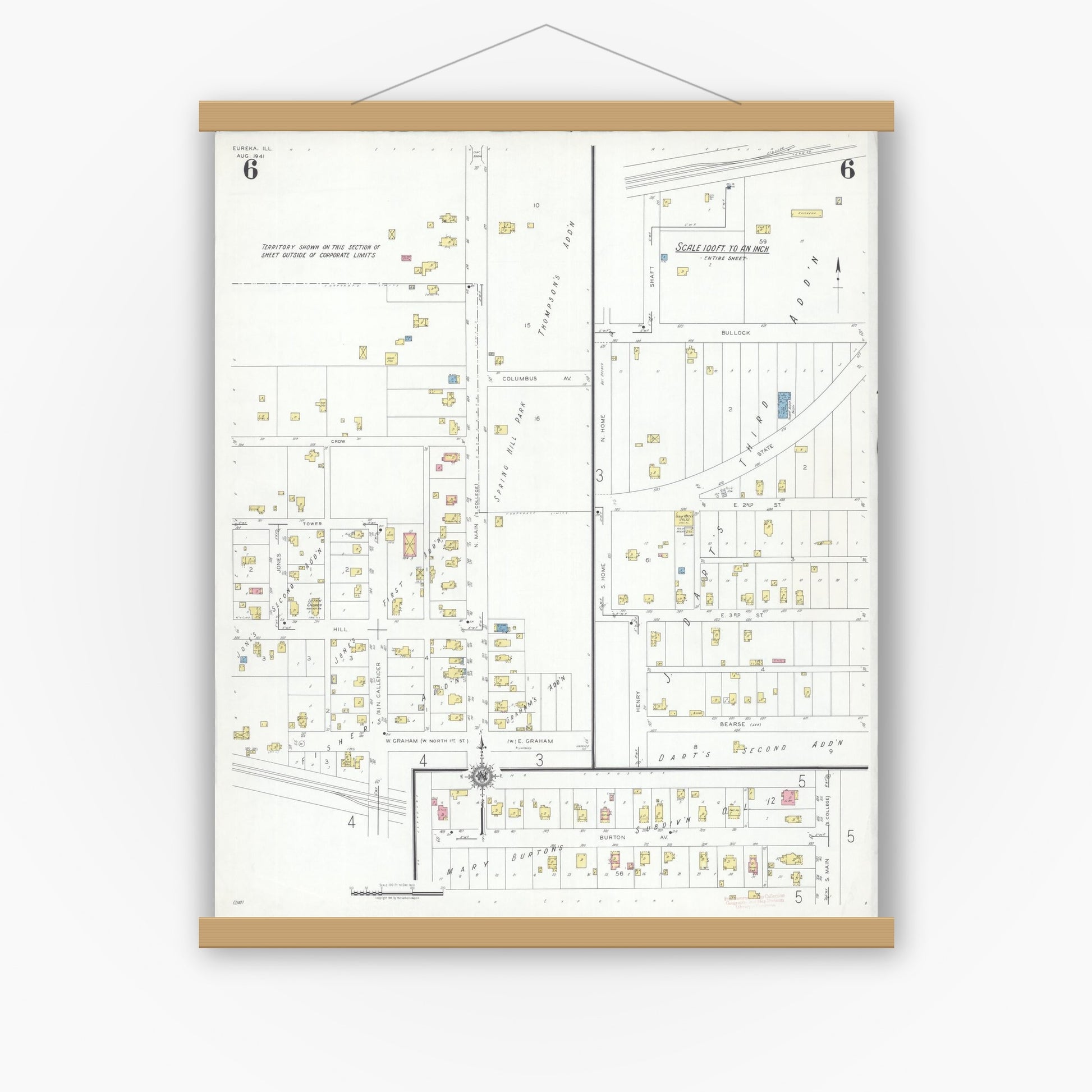 Old map wall art mockup — magnetic wood frame on white wall — Sanborn Fire Insurance Map from Eureka, Woodford County, Illinois (1941), Sheet #0006