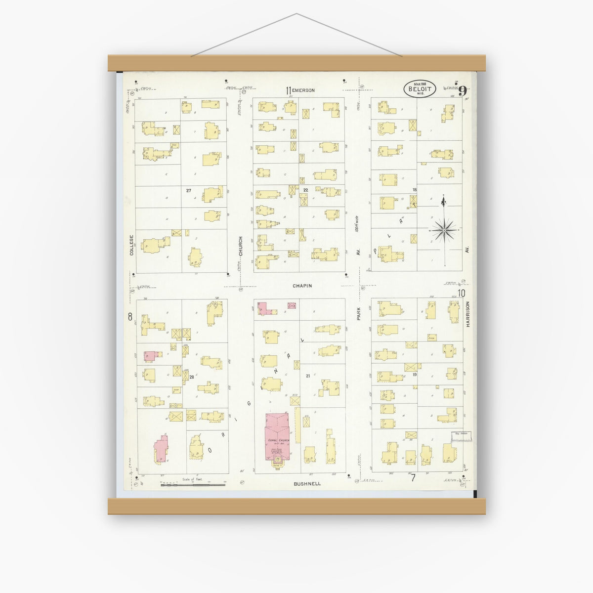 Old map wall art mockup — magnetic wood frame on white wall — Sanborn Fire Insurance Map from Beloit, Rock County, Wisconsin (1908), Sheet #0009