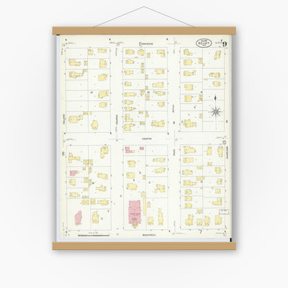 Old map wall art mockup — magnetic wood frame on white wall — Sanborn Fire Insurance Map from Beloit, Rock County, Wisconsin (1908), Sheet #0009