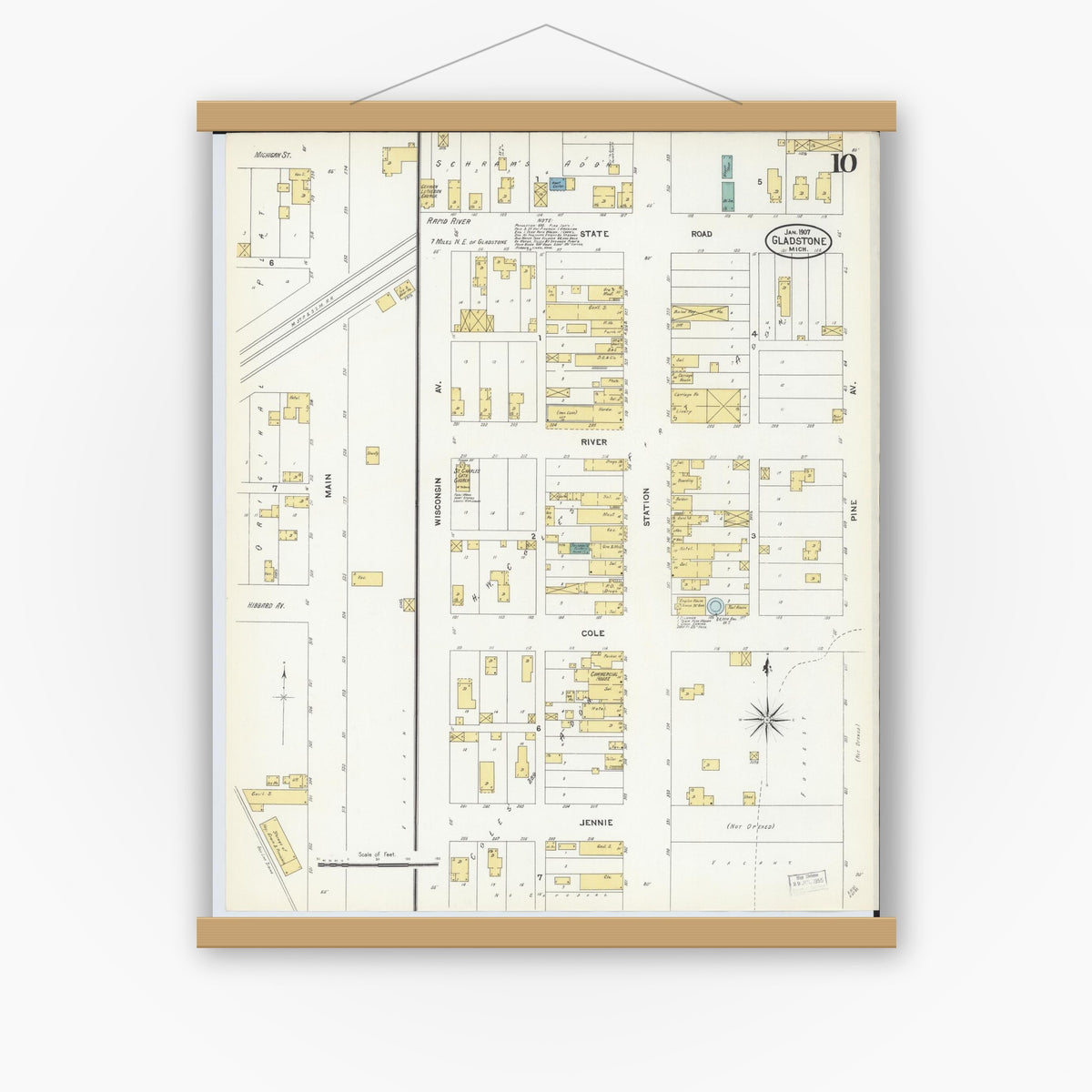 Old map wall art mockup — magnetic wood frame on white wall — Sanborn Fire Insurance Map from Gladstone, Delta County, Michigan (1907), Sheet #0010
