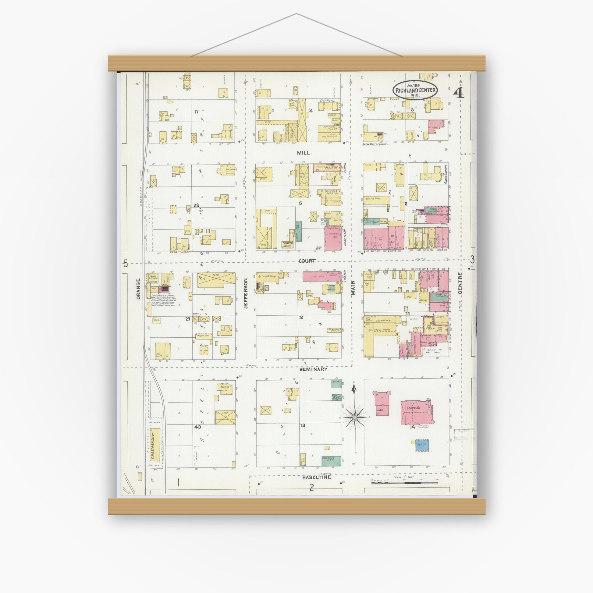 Old map wall art mockup — magnetic wood frame on white wall — Sanborn Fire Insurance Map from Richland Center, Richland County, Wisconsin (1905), Sheet #0004