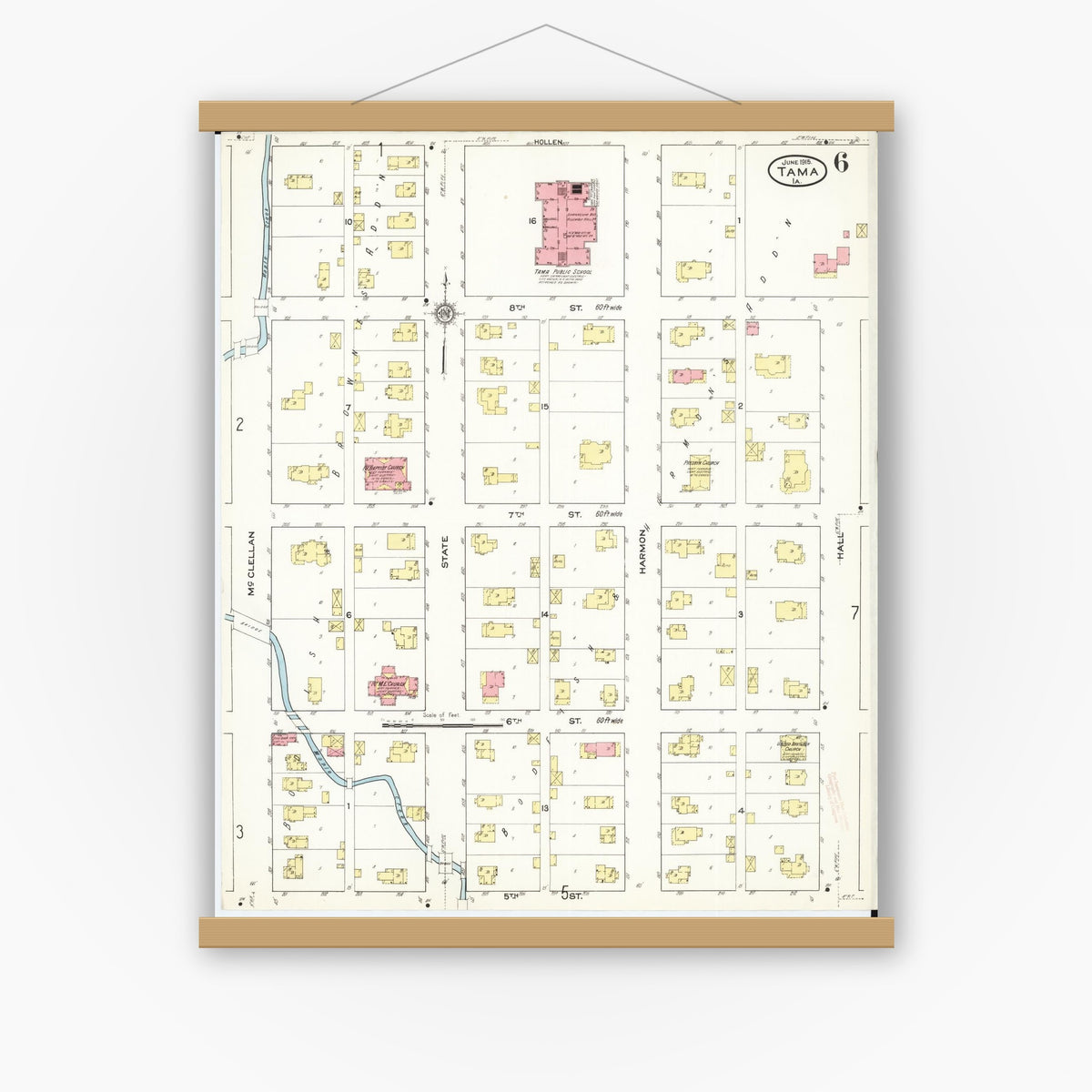 Old map wall art mockup — magnetic wood frame on white wall — Sanborn Fire Insurance Map from Tama, Tama County, Iowa (1915), Sheet #0006