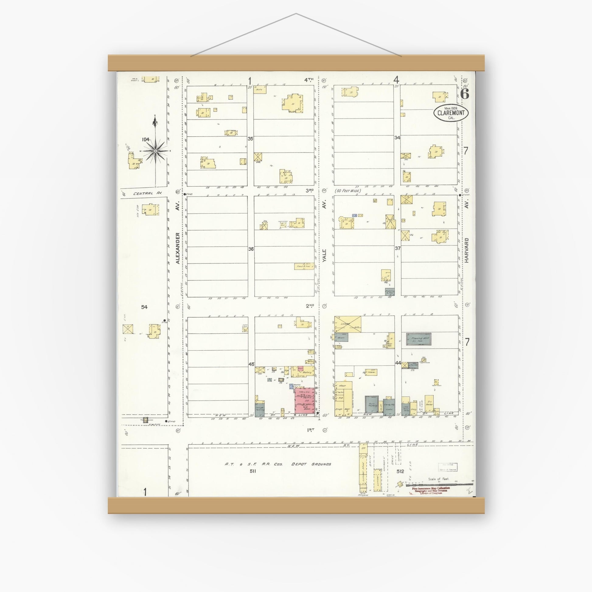 Old map wall art mockup — magnetic wood frame on white wall — Sanborn Fire Insurance Map from Claremont, Los Angeles County, California (1909), Sheet #0006