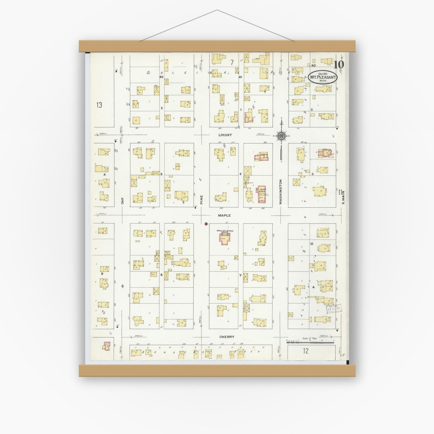 Old map wall art mockup — magnetic wood frame on white wall — Sanborn Fire Insurance Map from Mount Pleasant, Isabella County, Michigan (1910), Sheet #0010
