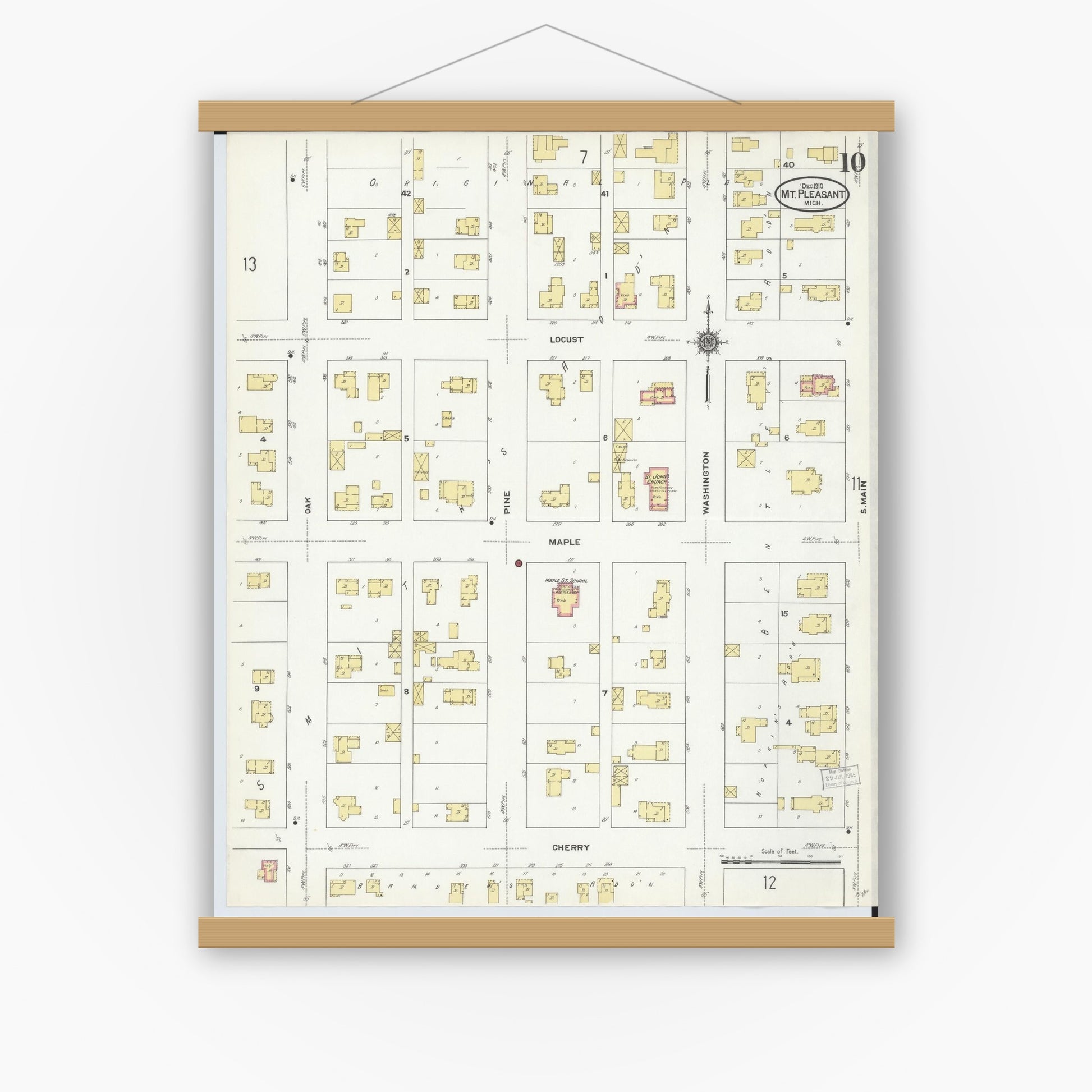 Old map wall art mockup — magnetic wood frame on white wall — Sanborn Fire Insurance Map from Mount Pleasant, Isabella County, Michigan (1910), Sheet #0010