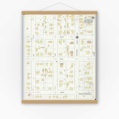 Old map wall art mockup — magnetic wood frame on white wall — Sanborn Fire Insurance Map from Mount Pleasant, Isabella County, Michigan (1910), Sheet #0010