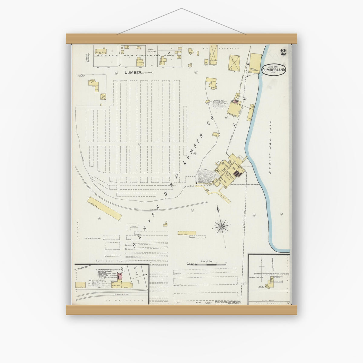 Old map wall art mockup — magnetic wood frame on white wall — Sanborn Fire Insurance Map from Cumberland, Barron County, Wisconsin (1893) - Complete Map Set