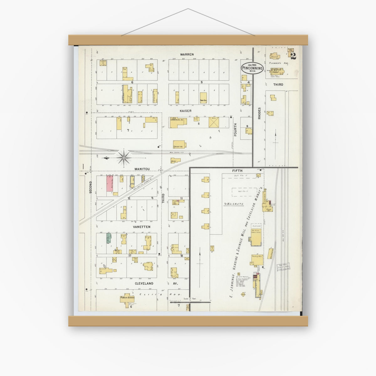Old map wall art mockup — magnetic wood frame on white wall — Sanborn Fire Insurance Map from Pinconning, Bay County, Michigan (1900), Sheet #0002