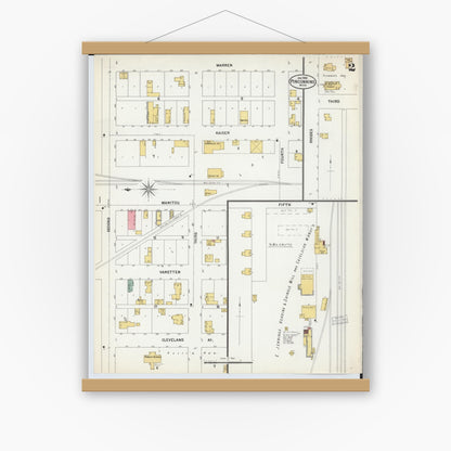 Old map wall art mockup — magnetic wood frame on white wall — Sanborn Fire Insurance Map from Pinconning, Bay County, Michigan (1900), Sheet #0002