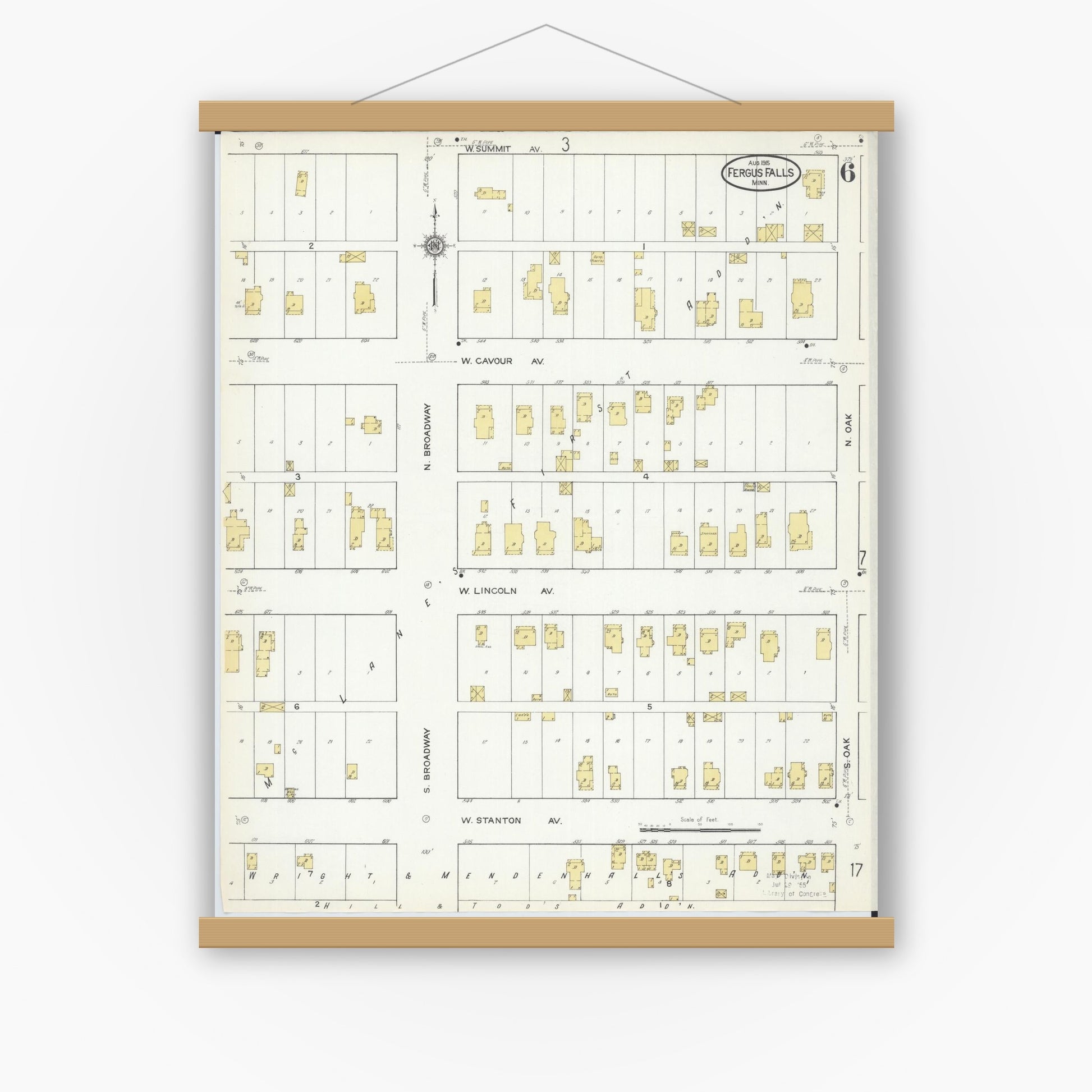 Old map wall art mockup — magnetic wood frame on white wall — Sanborn Fire Insurance Map from Fergus Falls, Otter Tail County, Minnesota (1915), Sheet #0006