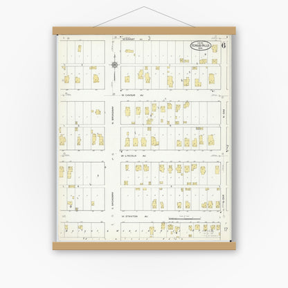 Old map wall art mockup — magnetic wood frame on white wall — Sanborn Fire Insurance Map from Fergus Falls, Otter Tail County, Minnesota (1915), Sheet #0006