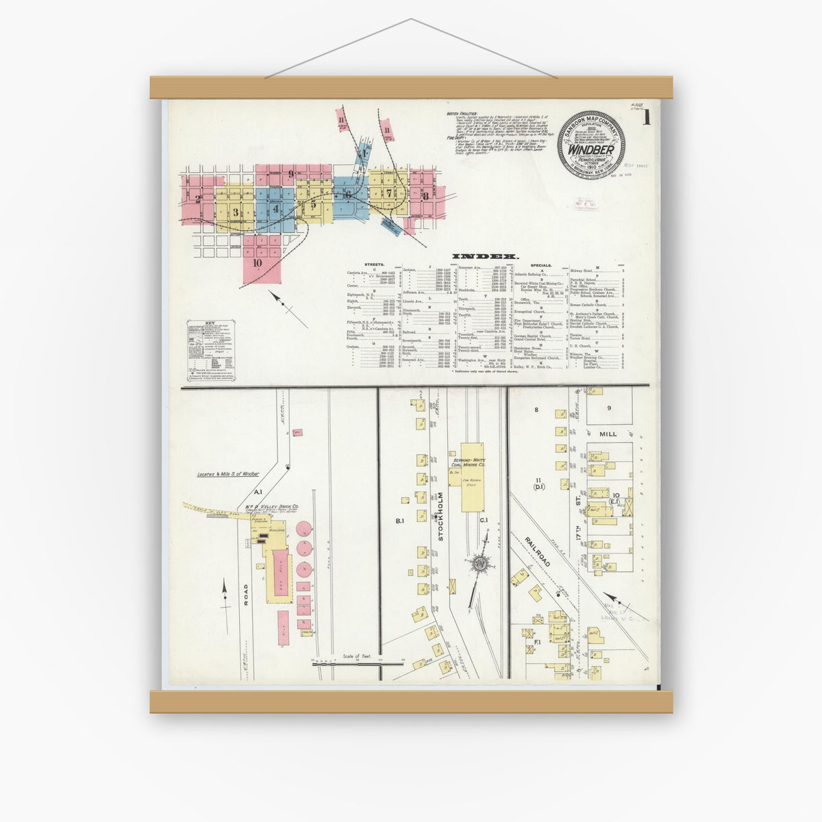 Old map wall art mockup — magnetic wood frame on white wall — Sanborn Fire Insurance Map from Windber, Somerset County, Pennsylvania (1910), Sheet #0001