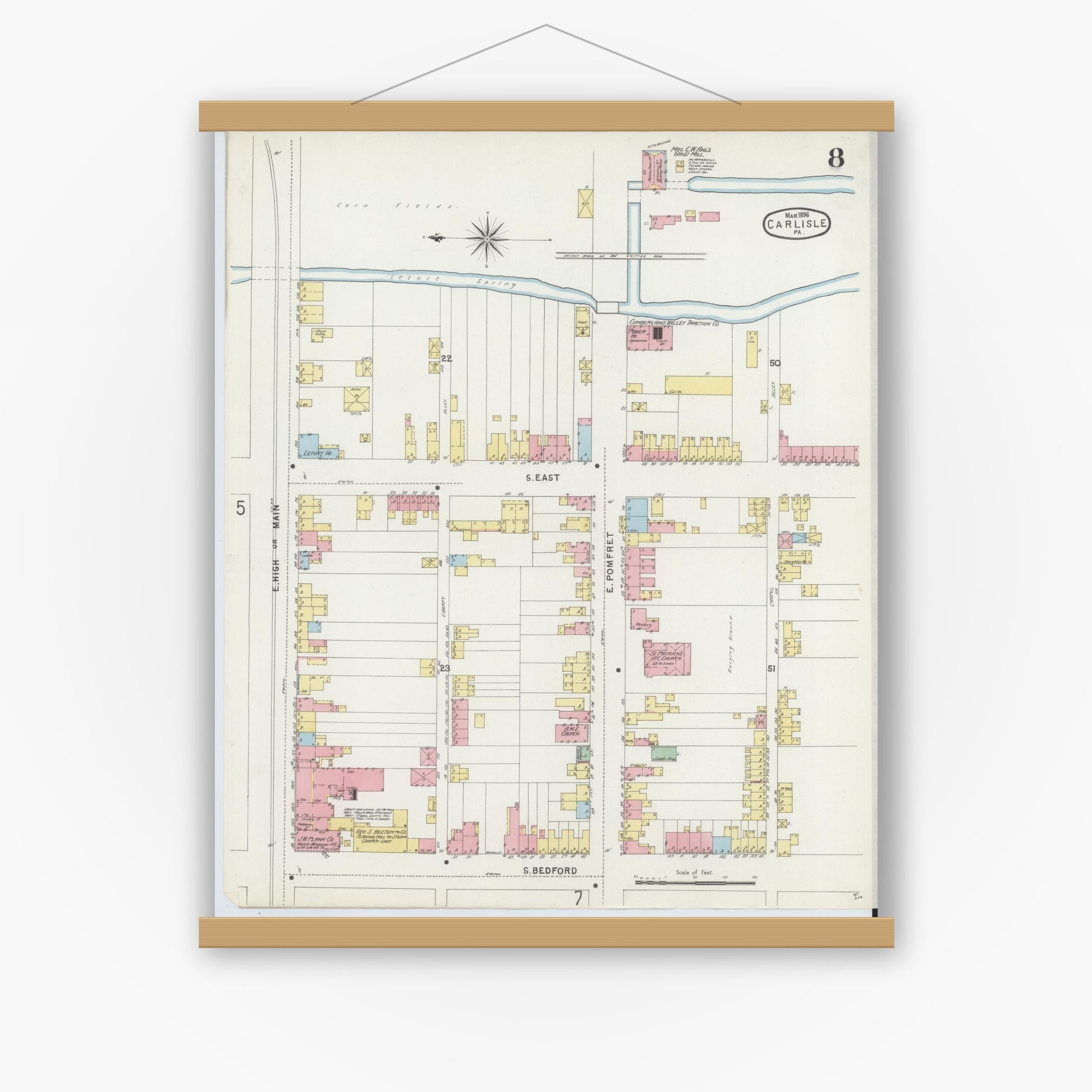 Old map wall art mockup — magnetic wood frame on white wall — Sanborn Fire Insurance Map from Carlisle, Cumberland County, Pennsylvania (1896), Sheet #0008