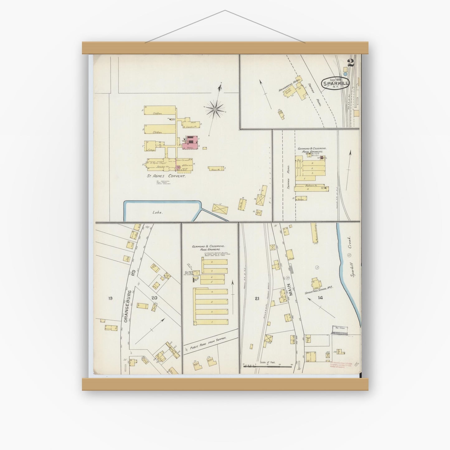 Old map wall art mockup — magnetic wood frame on white wall — Sanborn Fire Insurance Map from Sparkill, Rockland County, New York (1893), Sheet #0002