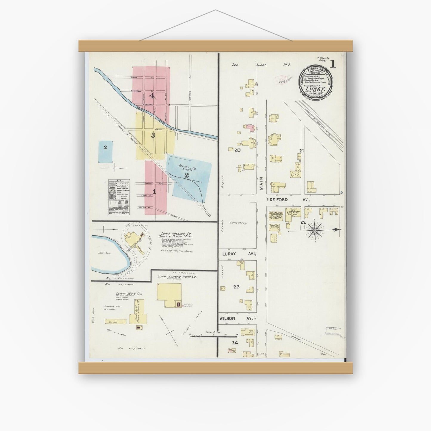 Old map wall art mockup — magnetic wood frame on white wall — Sanborn Fire Insurance Map from Luray, Page County, Virginia (1891) - Complete Map Set