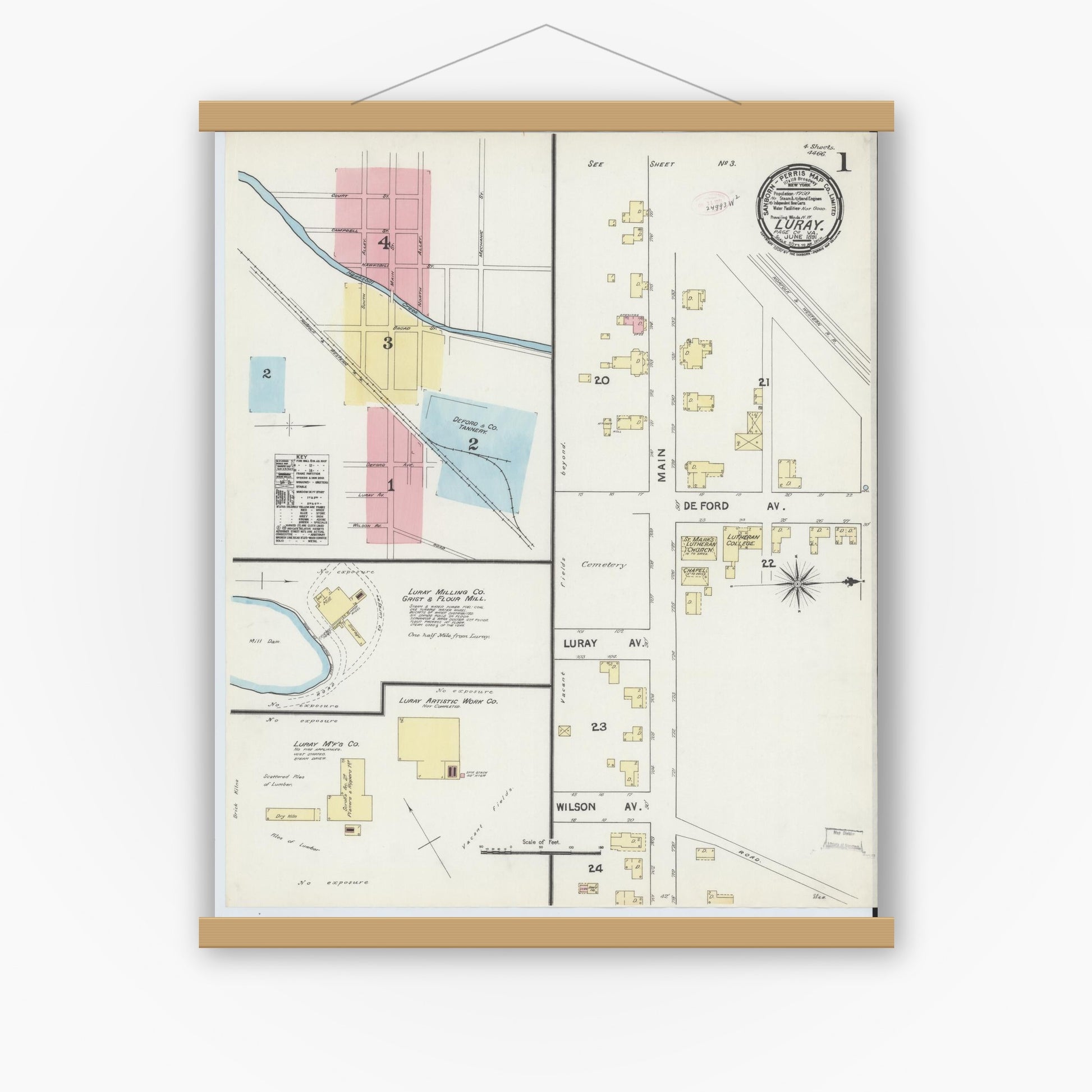 Old map wall art mockup — magnetic wood frame on white wall — Sanborn Fire Insurance Map from Luray, Page County, Virginia (1891) - Complete Map Set
