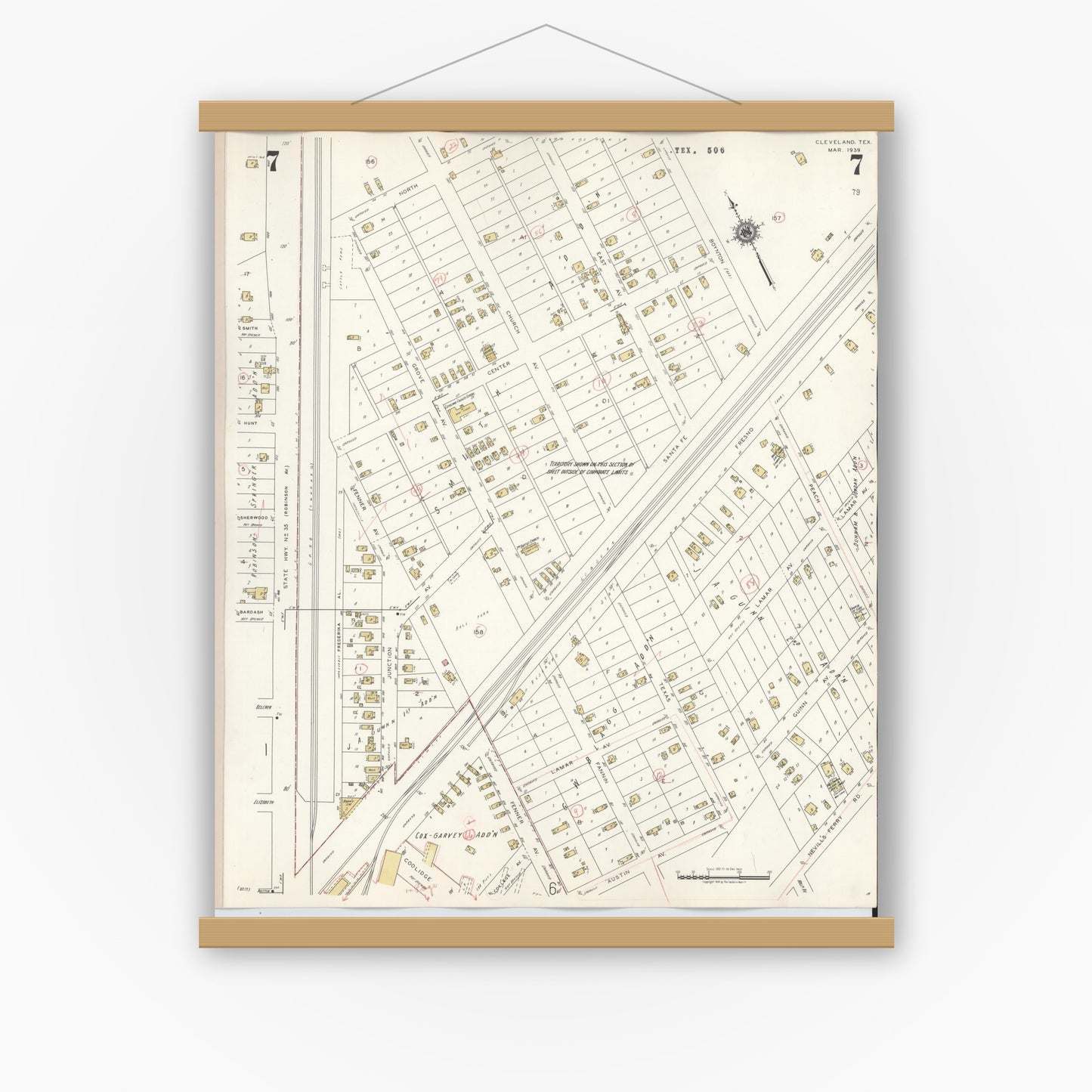 Old map wall art mockup — magnetic wood frame on white wall — Sanborn Fire Insurance Map from Cleveland, Liberty County, Texas (1939), Sheet #0007