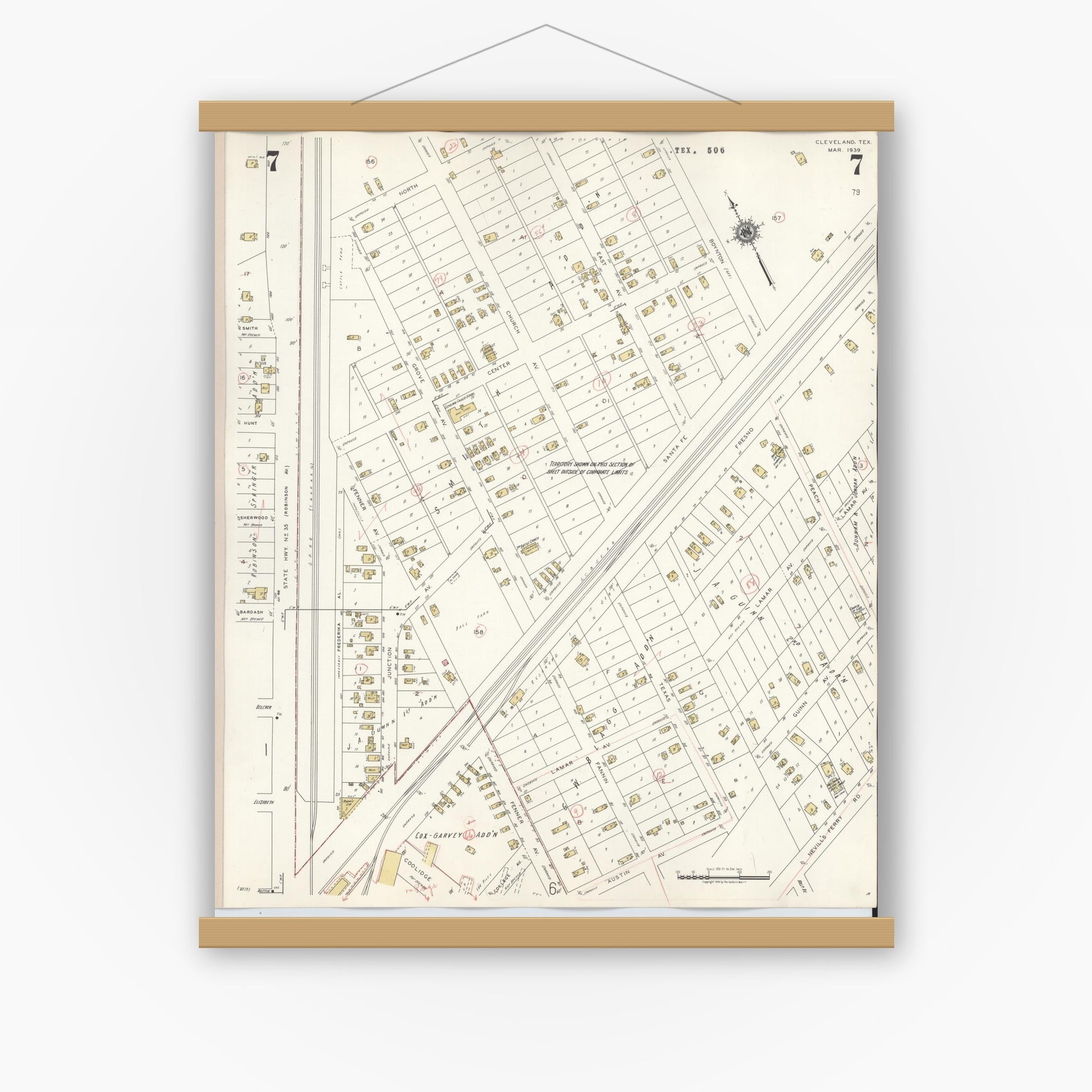 Old map wall art mockup — magnetic wood frame on white wall — Sanborn Fire Insurance Map from Cleveland, Liberty County, Texas (1939), Sheet #0007