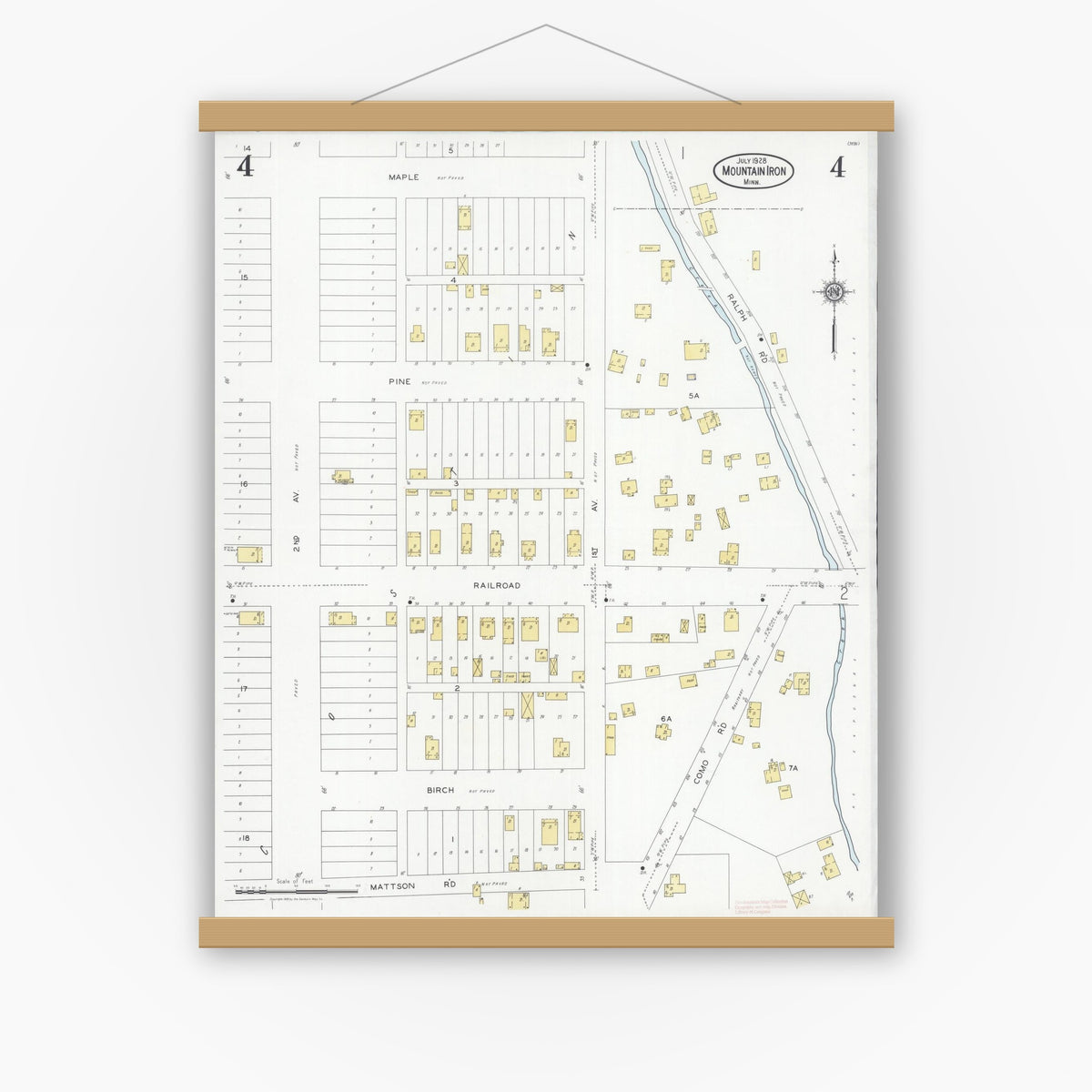 Old map wall art mockup — magnetic wood frame on white wall — Sanborn Fire Insurance Map from Mountain Iron, Saint Louis County, Minnesota (1928), Sheet #0004