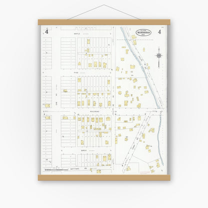 Old map wall art mockup — magnetic wood frame on white wall — Sanborn Fire Insurance Map from Mountain Iron, Saint Louis County, Minnesota (1928), Sheet #0004