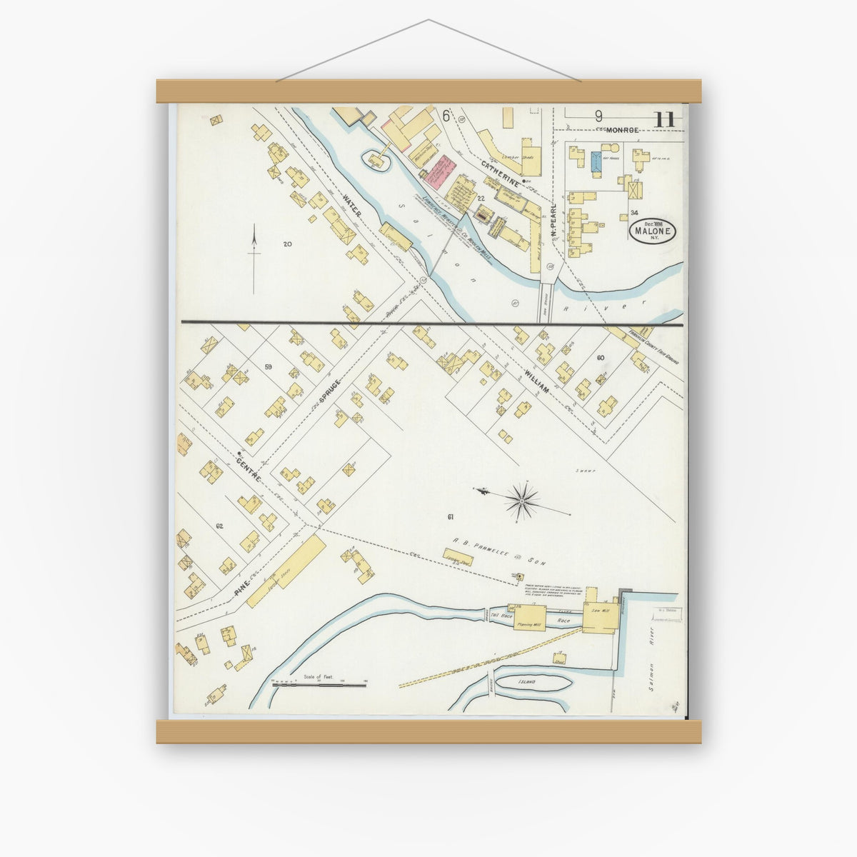Old map wall art mockup — magnetic wood frame on white wall — Sanborn Fire Insurance Map from Malone, Franklin County, New York (1898), Sheet #0011