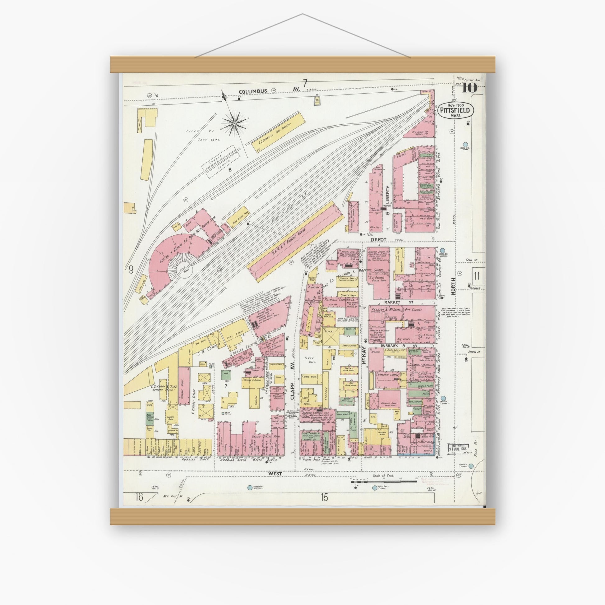 Old map wall art mockup — magnetic wood frame on white wall — Sanborn Fire Insurance Map from Pittsfield, Berkshire County, Massachusetts (1900), Sheet #0010