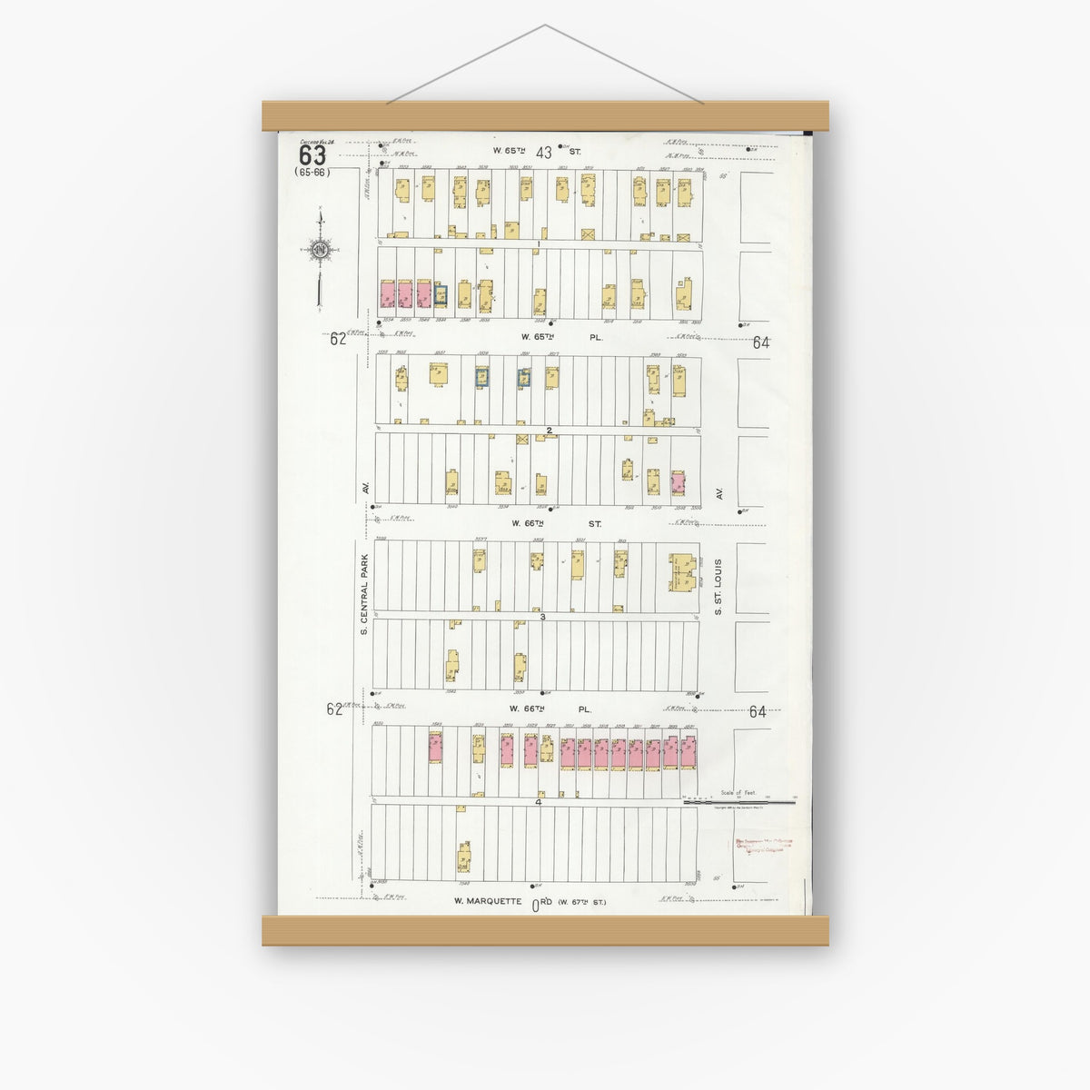 Old map wall art mockup — magnetic wood frame on white wall — Sanborn Fire Insurance Map from Chicago, Cook County, Illinois (1920), Sheet #0063